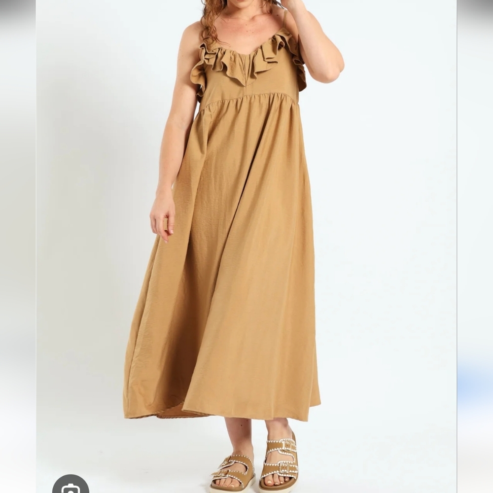 H&M Tan Ruffle Maxi Dress Size Small